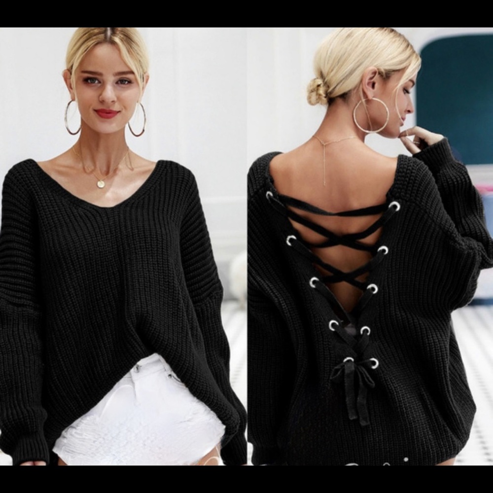 NEW! Lace-up Knit Sweater Black